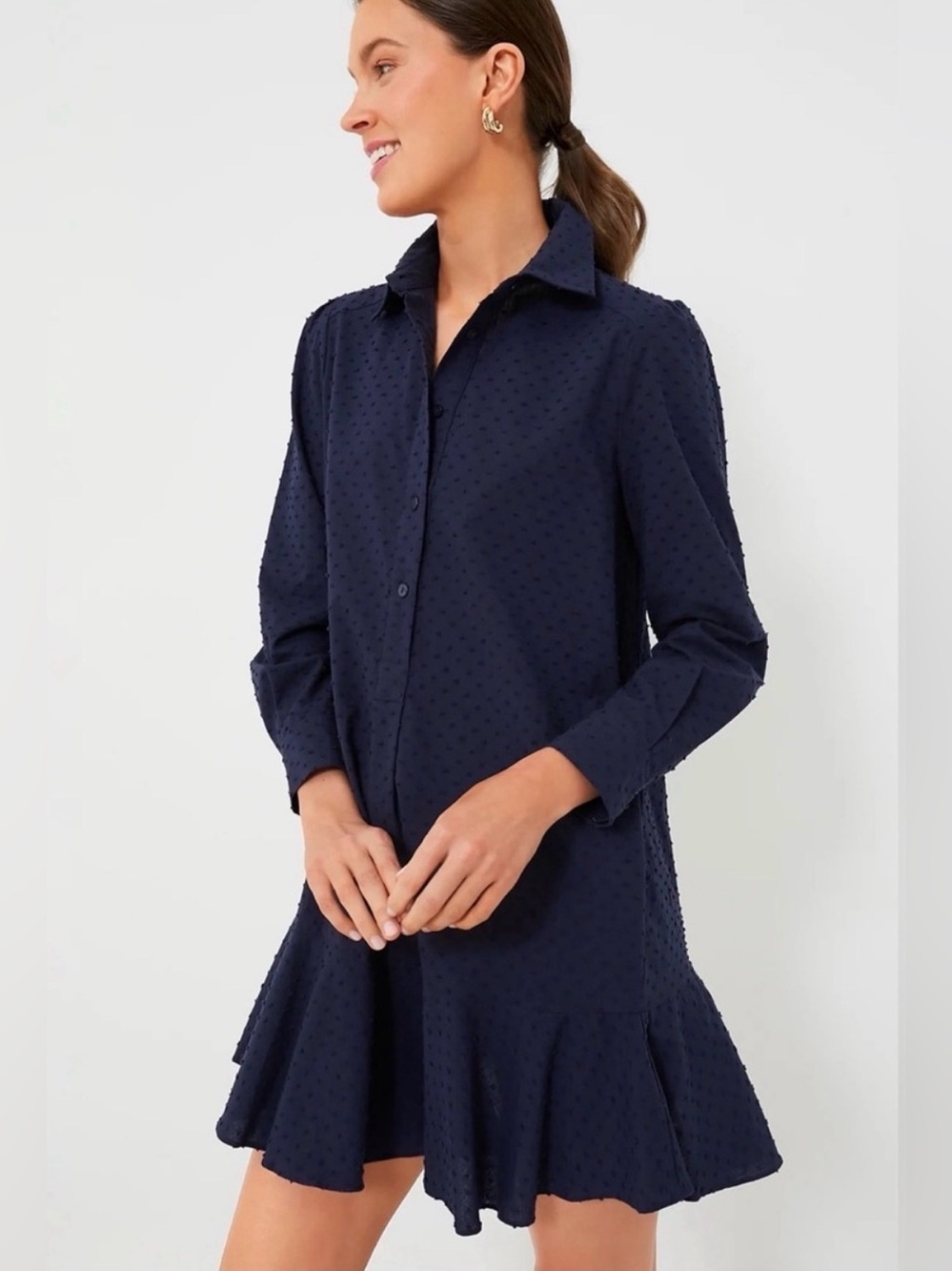 Tuckernuck Callahan Navy Swiss Dot Shirt Dress Small Cotton Mini